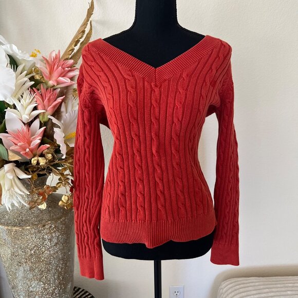 Burnt Orange Chaps Classics Fitted Cable Knit 100% Cotton V-neck Sweater - Picture 1 of 9